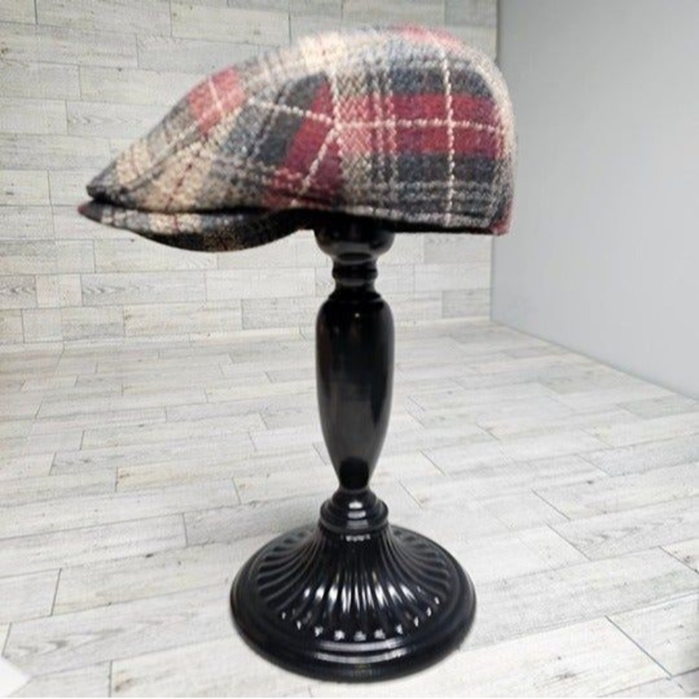 Bigalli "Boston" Red/Grey Plaid Wool Blend Fitted Gatsby Style Cap, Size Small